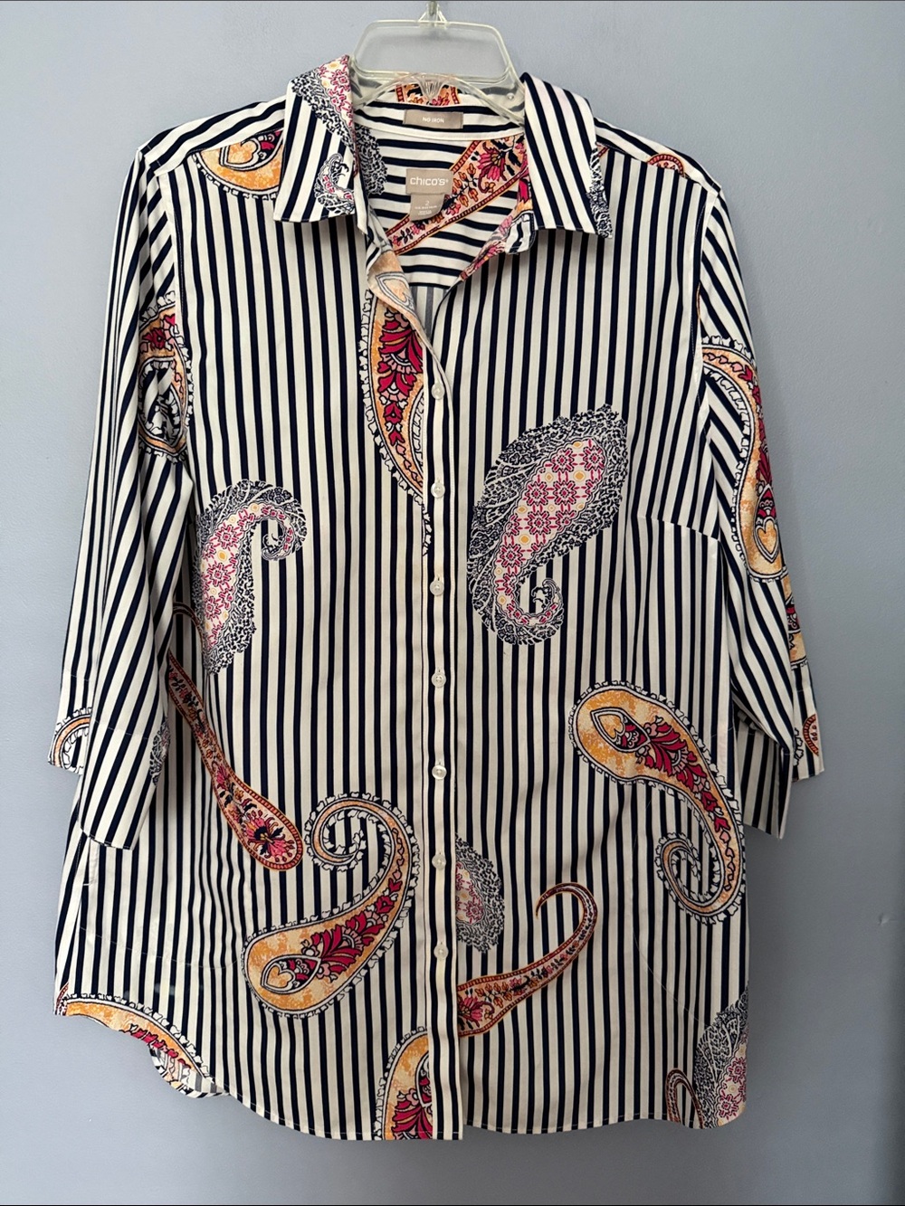 Chico’s No-Iron Cotton Striped Paisley Tunic Size 2/L Navy White
